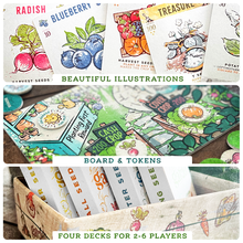 Load image into Gallery viewer, A look at Garden Canasta's card illustrations, board with tokens, and four deck boxes